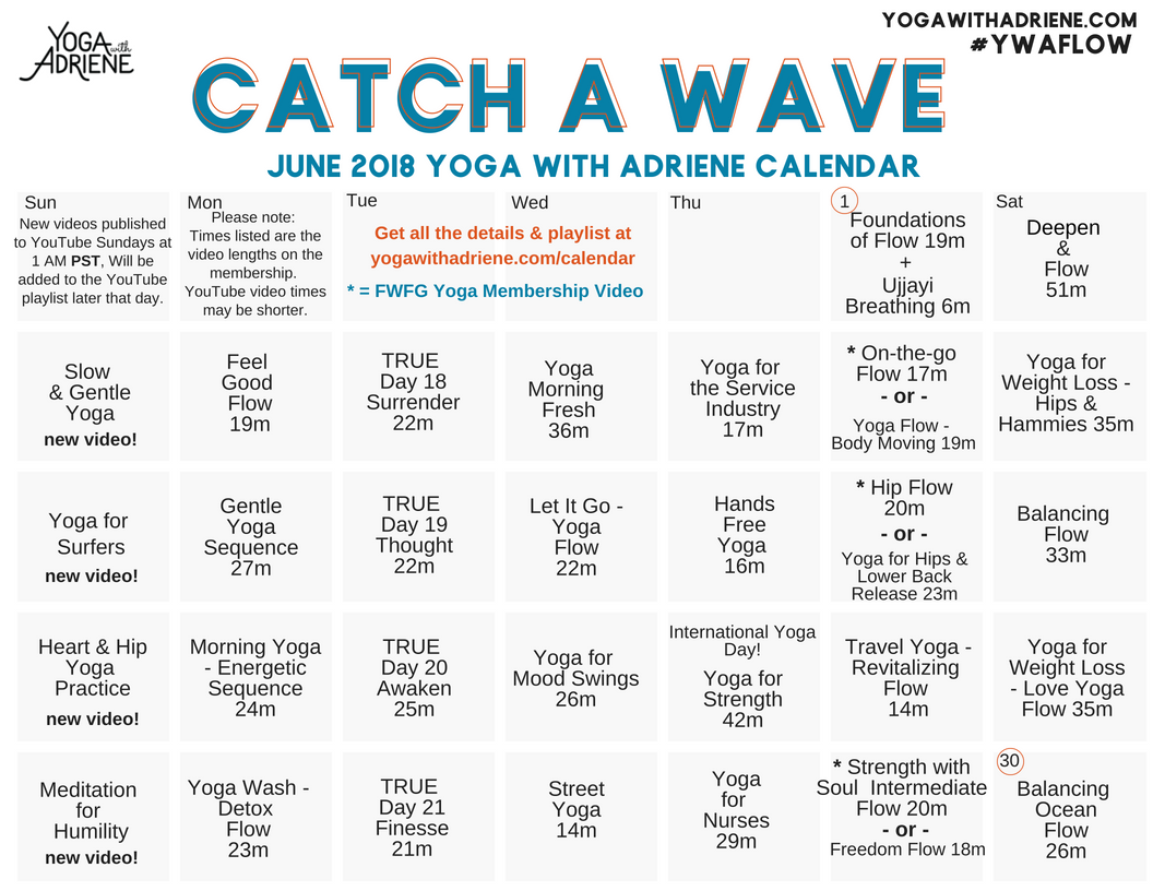 June 2018 YWA yoga calendar Yoga With Adriene