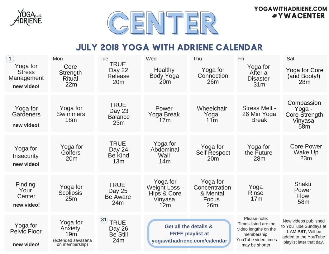 July 2018 YWA yoga calendar | Yoga With Adriene