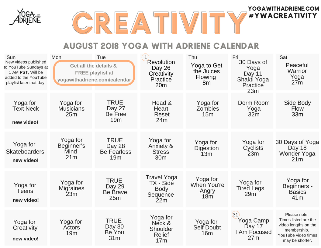 August 2018 YWA yoga calendar | Yoga With Adriene