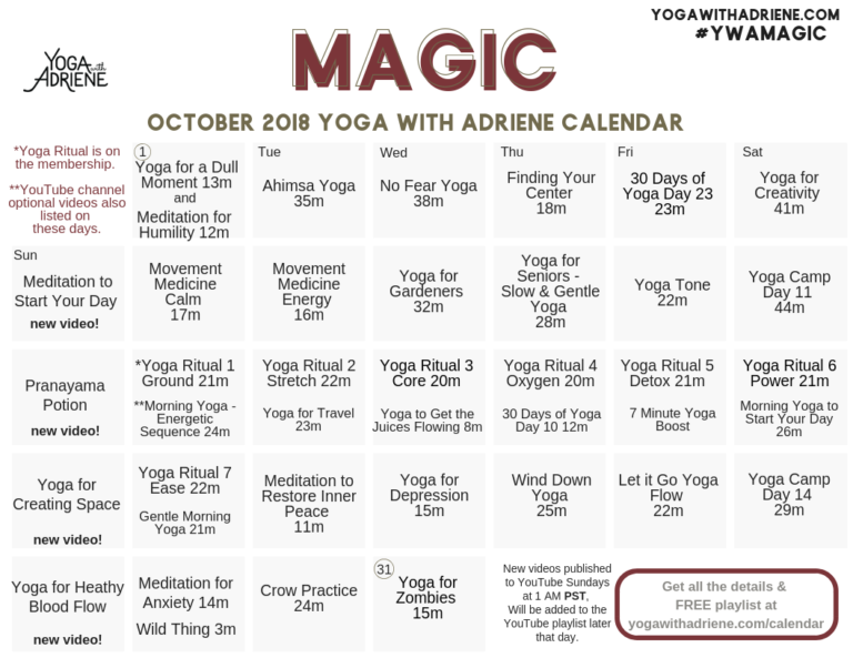 October 2018 YWA yoga calendar Yoga With Adriene
