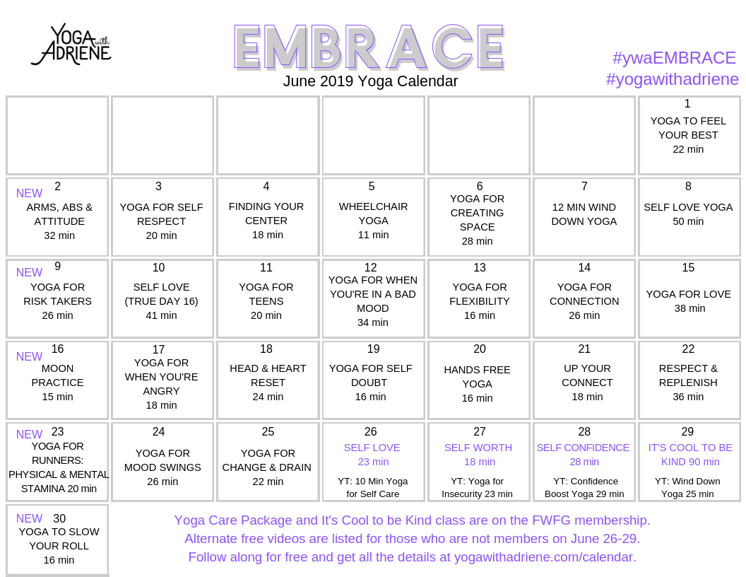 June 2019 Yoga Calendar Embrace Yoga With Adriene