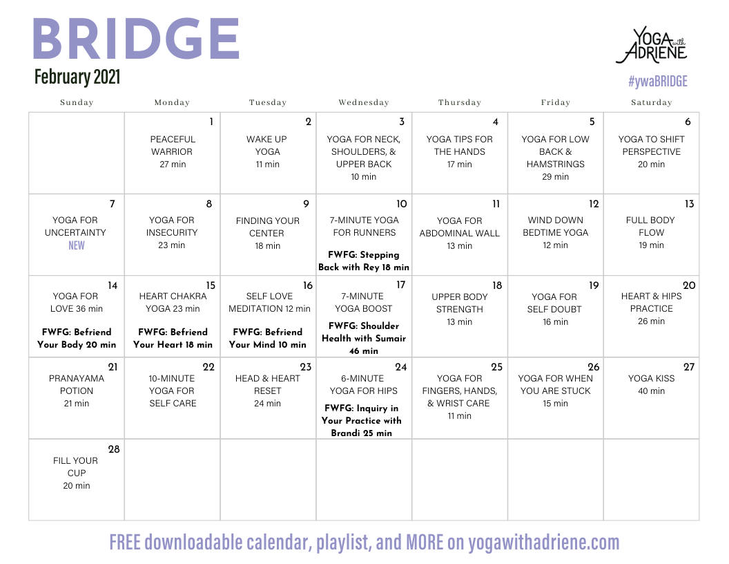 February 2021 Yoga Calendar Bridge Yoga With Adriene